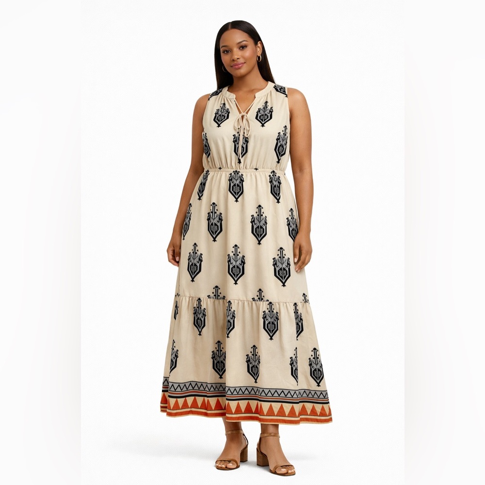 Beige Tribal Print Sleeveless Maxi Dress Tie Neck Tiered Skirt